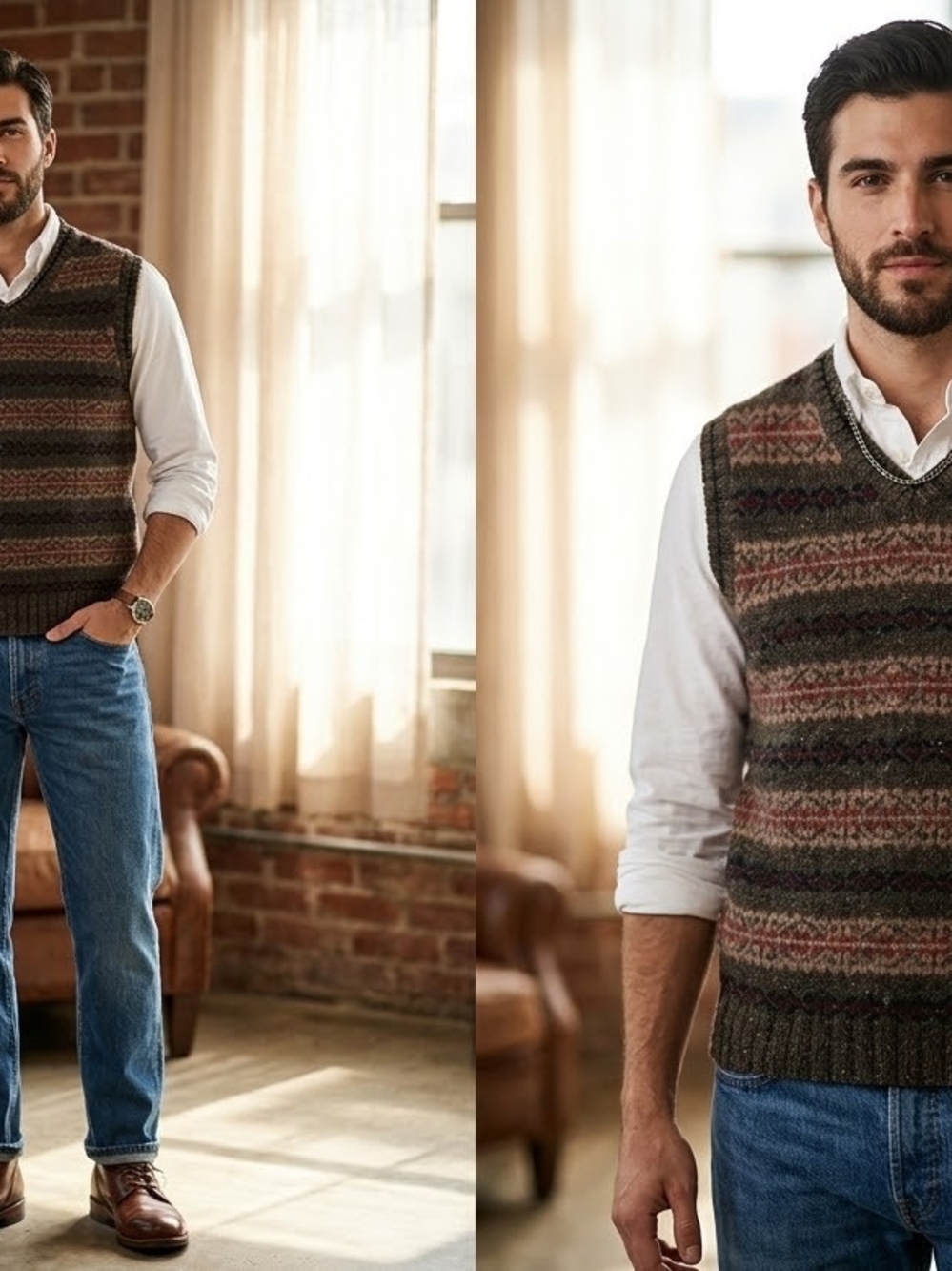 American Eagle Outfitters Brown Patterned V-Neck Sweater Vest - Picture 2 of 7